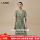 藍地（LANDI）[綠野仙蹤系列]元氣綠碎花V領(lǐng)短袖茶歇連衣裙女2025夏新品 淺綠色 L