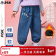 ASK JUNIOR兒童褲子冬季小童加絨保暖牛仔褲女童可愛(ài)貓咪立體造型長(cháng)褲 藍色
