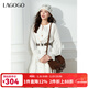 LAGOGO公主風(fēng)白色長(cháng)袖連衣裙女拉谷谷2025夏秋新款純棉蕾絲蛋糕裙 米白色 S