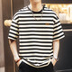 格藍鹿肌理感提花撞色條紋短袖t恤男夏季新款寬松大碼半袖體恤男 黑白 L  適合140-160斤