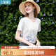 艾蓓怡【涼感棉】白色刺繡印花V領(lǐng)正肩短袖T恤上衣女2025夏季新款 米白色 L