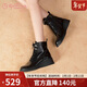 金利來(lái)（Goldlion）【新年禮物】女靴加絨保暖坡跟短靴小個(gè)子厚底馬丁靴黑色加絨38