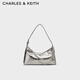 CHARLES&KEITH柔軟拉鏈式褶皺單肩包腋下包包女包女士生日禮物CK2-40782472 Pewter錫灰色 S