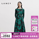 朗姿/LANCY秋新款真絲復古玫瑰印花收腰長(cháng)袖連衣裙重工裙子女 夜幕黑色 M