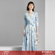顏域時(shí)尚印花氣質(zhì)連衣裙女秋季2024新款優(yōu)雅中長(cháng)款七分袖V領(lǐng)裙子 藍花 M/38