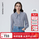 朗姿【尖貨補單】學(xué)院風(fēng)條紋印花襯衫襯衣女秋新款長(cháng)袖上衣設計感小眾 藏藍色 L