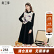 兩三事素影憐煙 2025春季新款新中式水墨印花拼接假兩件系帶連衣裙 黑色 S