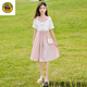 G.duck童裝女童連衣裙夏裝新款中大兒童洋氣公主裙子小女孩短袖雪紡長(cháng)裙 粉色不帶包包 150 cm