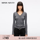 MISS SIXTY2025秋季新款羊毛針織開(kāi)衫女V領(lǐng)蕾絲拼接修身短款上衣 花灰 S