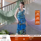 兩三事度假超仙的裙子女夏季紫色油畫(huà)藝術(shù)吊帶海邊連衣裙云霧睡蓮 藍色 S