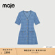 Maje2025秋冬女裝法式時(shí)尚花呢藍色單排扣開(kāi)合門(mén)襟V領(lǐng)收腰連衣裙 藍色 S
