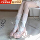 COSMICKISS日系小腿襪子女夏季中筒襪蕾絲花邊可愛(ài)甜美洛麗塔jk綁絲帶過(guò)膝襪 白粉 小腿襪 1雙 均碼 【80-160斤】