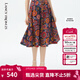 朗姿純棉復古假日風(fēng)半身裙子女夏新款印花高腰A字百褶群商場(chǎng)同款 夜幕黑色 L
