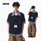 OEMG 假兩件polo衫短袖t恤男士夏季潮流牌領(lǐng)高級感重磅學(xué)院風(fēng)拼接上衣 藏青色 XL [建議110-130斤]