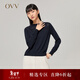 OVV秋冬熱賣(mài)女裝簡(jiǎn)單大氣圓領(lǐng)鏤空知性浪漫長(cháng)袖針織衫 藏青A6 M