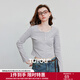 初語(yǔ)萊賽爾棉質(zhì)T恤 2025秋季新款拼接蕾絲修身短款長(cháng)袖打底衫上衣 淺花灰色 XL