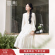 香影重工刺繡連衣裙女長(cháng)袖2026春季新款米白木耳邊高腰新中式裙子 米色 M
