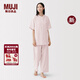 MUJI 女式 無(wú)側縫 細棉紗五分袖睡衣 家居服 純棉 套裝 26年春季新品 粉紅色條紋 L 上裝165/88A 下裝165/70A