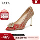 他她（TATA）女鞋2026春季新款伴娘淺口單鞋細跟婚鞋高跟鞋7RYE2AQ6 紅色 34