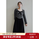 獨束大碼女裝法式優(yōu)雅撞色連衣裙冬新款復古方領(lǐng)微胖mm中長(cháng)款裙子 灰黑色 M
