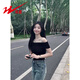 雙星（shuangxing）一字肩短袖t恤女夏季新款法式高級感純欲露肩顯瘦上衣 黑色 M