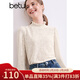 百圖betu女裝秋季新款T恤立領(lǐng)蝴蝶提花針織長(cháng)袖T恤女2409T44 淺杏色 M