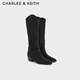 CHARLES&KEITH粗跟仿麂皮可翻折西部靴短靴生日禮物送女友CK1-90920156 BLACK TEXTURED黑色紋理 37 （235）