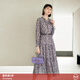 顏域優(yōu)雅印花法式連衣裙女秋2025新款復古通勤中長(cháng)款長(cháng)袖系帶裙子 紫花 L