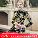 帝弗·潤馳新款黑色緞面印花長(cháng)款復古長(cháng)款連衣裙高端豹紋時(shí)尚長(cháng)袖女連衣裙 黑色 XL