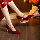 ZHR則則高跟鞋女一字帶細跟單鞋女秀禾不累腳新娘鞋瑪麗珍鞋MQ03紅色37