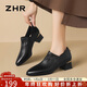 ZHR頭層牛皮單鞋女時(shí)尚復古樂(lè )福鞋粗跟通勤女鞋尖頭小皮鞋JE10黑色39