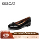 接吻貓KISSCAT船鞋復古法式平底鞋溫柔蝴蝶結女士單鞋KA54518-10 黑色 皺紋牛漆皮 36