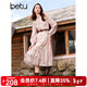 百圖betu女裝秋季新款連衣裙法式印花腰帶收腰顯瘦裙子女2408T87 粉紅 L