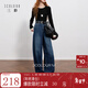 三彩2025冬季新款一體絨磨毛收腰牛仔褲休閑寬松鐮刀褲長(cháng)褲M(mǎn) 海軍藍 M 160/68A