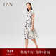 【抽象筆刷印花】OVV22春夏新款女裝23MM重縐真絲包肩短袖連衣裙 米白花紋07 S