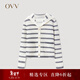 OVV秋冬熱賣(mài)女裝羊毛條紋法式浪漫海軍領(lǐng)休閑長(cháng)袖針織外套 藏青條紋A4 M