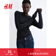 H&M女裝T恤秋季彈性圓領(lǐng)修身氣質(zhì)舒適休閑汗布打底內搭上衣1191700 黑色 L 170/104