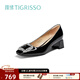 蹀愫（TIGRISSO）【有錢(qián)鉆】氣質(zhì)水鉆粗跟通勤百搭宴會(huì )淺口單鞋女TA62523-11 黑色牛漆皮革 36