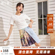 兩三事 華麗流派 2025春季新款復古壓褶油畫(huà)印花拼接牛仔半身裙 拼色 S