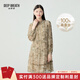深呼吸DEEP BREATH女裝6A級桑蠶絲立領(lǐng)印花中式風(fēng)長(cháng)袖連衣裙A500408 淺卡其 S (2)
