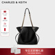 CHARLES&KEITH大容量柔軟抽繩鏈條福袋包托特包包女包女士生日禮物CK2-20782654 Black黑色 L