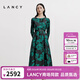 朗姿/LANCY秋新款真絲復古玫瑰印花收腰長(cháng)袖連衣裙重工裙子女 夜幕黑色 M