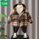 木木屋（mumuwu）男童加絨外套春秋冬款2026新款兒童格子棉衣男孩二棉毛呢連帽棉服 咖啡色 90 cm