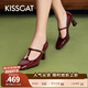 接吻貓KISSCAT玫瑰瑪麗珍女鞋春夏新款單鞋粗跟T帶高跟鞋KA43203-11 咖啡色 37