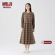MUJI女式法蘭絨抽褶連衣裙女裝長(cháng)袖打底裙子純棉秋冬季BC08CC4A 淺米色格紋 S (155/80A)