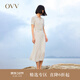 OVV春夏熱賣(mài)女裝復古優(yōu)雅翻領(lǐng)短袖休閑彈力針織連衣裙 米杏條紋14 L