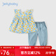 JELLYBABY女童套裝童裝甜美清新套裝夏季新款兒童女童嬰幼短袖套裝休閑衣服 藍色 80