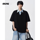 OEMG假兩件短袖t恤男士夏季潮流牌襯衫領(lǐng)高級感重磅五分袖上衣體恤衫 黑色 XL [建議110-130斤]