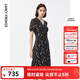 朗姿【尖貨補單】法式V領(lǐng)印花碎花雪紡抽褶連衣裙字高級感夏新款 黑色 M 160/80A