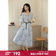 謎秀新年禮遇季秋藍色重工刺繡連衣裙七分燈籠袖流蘇系繩贈皮帶長(cháng)裙 藍色 M